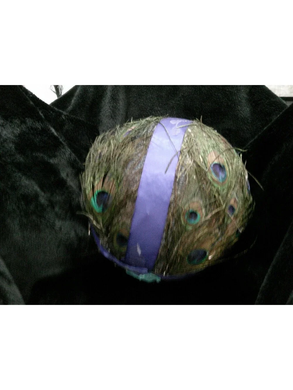 Vintage Peacock Feather Ball with Blue Satin Band
